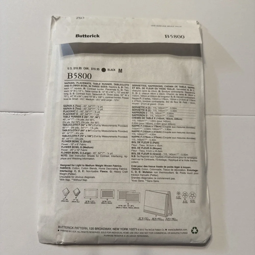 Butterick Waverly Pattern Apron Hot Pad Pot Holder Placemat Napkin B5800